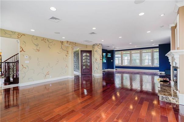 Empty room, Fireplace, Interior, Recessed Lighting, Wood Texture Flooring