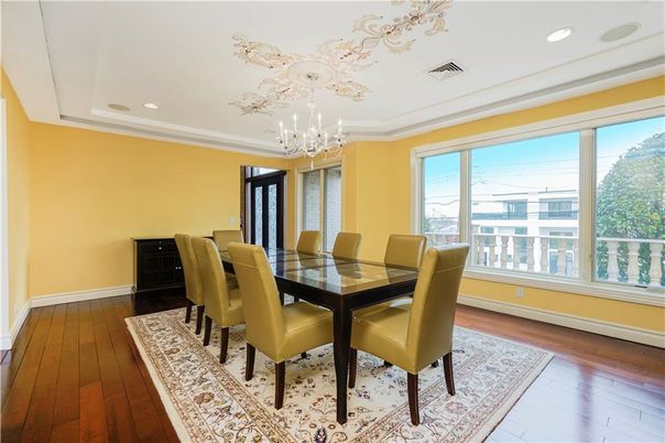 Chandelier, Dining room, Interior, Recessed Lighting, Wood Texture Flooring