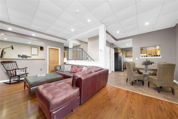 Dining room, Interior, Living room, Recessed Lighting, Wood Texture Flooring