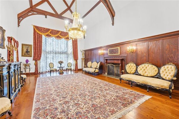 Chandelier, Fireplace, Interior, Wooden Beams, Wood Texture Flooring