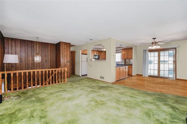 Empty room, Interior, Kitchen, Pendant Lights, Wood Texture Flooring