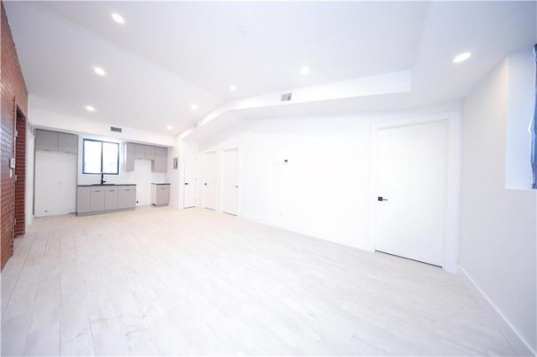 Empty room, Interior, Kitchen, Recessed Lighting, Wood Texture Flooring