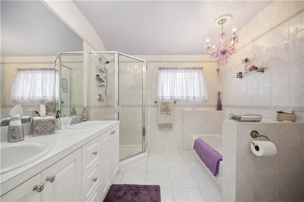 Bathroom, Chandelier, Dual Sink Vanities, Glass Shower, Interior