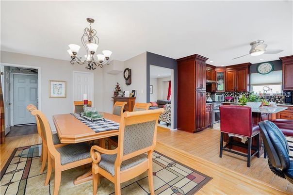 Chandelier, Dining room, Interior, Kitchen, Recessed Lighting, Wood Texture Flooring