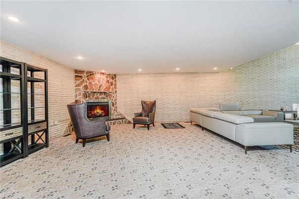 Fireplace, Interior, Living room, Recessed Lighting, Stone Walls