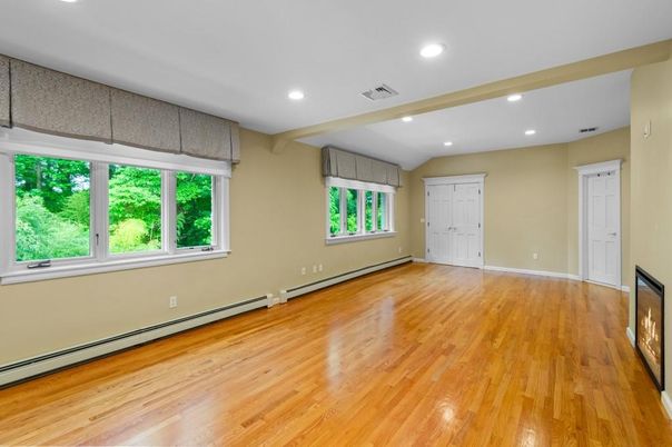 Empty room, Fireplace, Interior, Recessed Lighting, Wood Texture Flooring