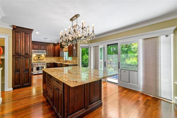 Chandelier, Interior, Kitchen, Recessed Lighting, Stainless Steel Appliances, Wood Texture Flooring