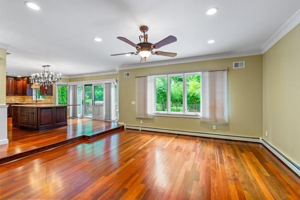 Chandelier, Empty room, Interior, Recessed Lighting, Wood Texture Flooring