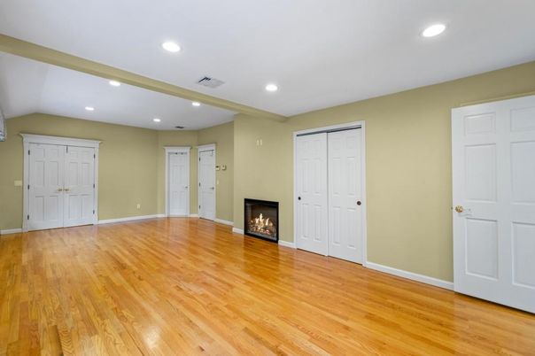 Empty room, Fireplace, Interior, Recessed Lighting, Wood Texture Flooring