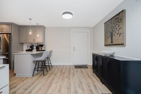 Interior, Kitchen, Pendant Lights, Stainless Steel Appliances, Wood Texture Flooring