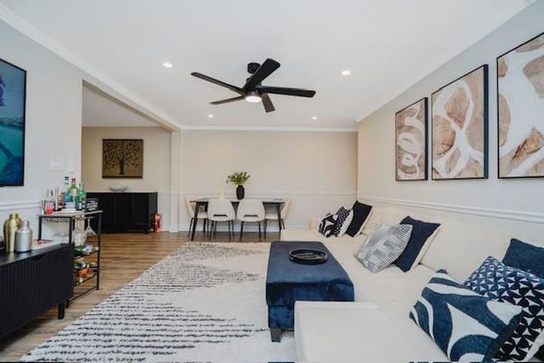 Dining room, Interior, Living room, Recessed Lighting, Wood Texture Flooring