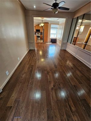 Empty room, Interior, Kitchen, Stainless Steel Appliances, Wood Texture Flooring