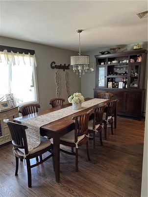 Dining room, Interior, Pendant Lights, Wood Texture Flooring