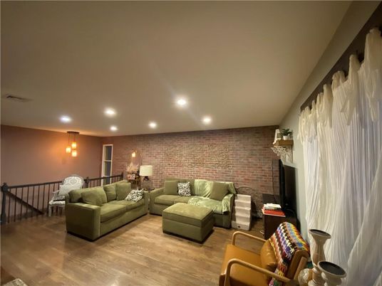Interior, Living room, Recessed Lighting, Stone Walls, Wood Texture Flooring