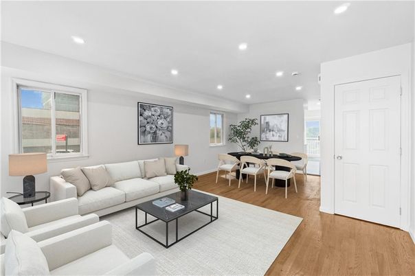 Dining room, Interior, Living room, Recessed Lighting, Wood Texture Flooring
