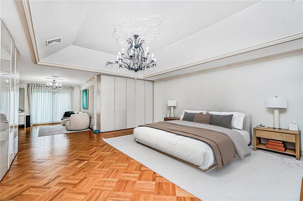 Bedroom, Chandelier, Interior, Wood Texture Flooring