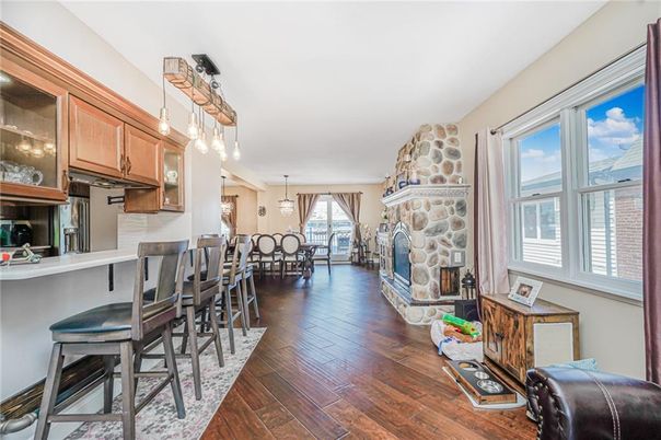 Dining room, Fireplace, Interior, Kitchen, Pendant Lights, Wood Texture Flooring