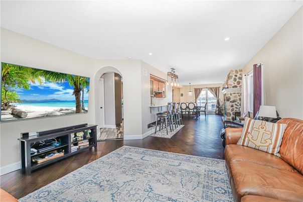 Dining room, Interior, Living room, Pendant Lights, Recessed Lighting, Water, Wood Texture Flooring