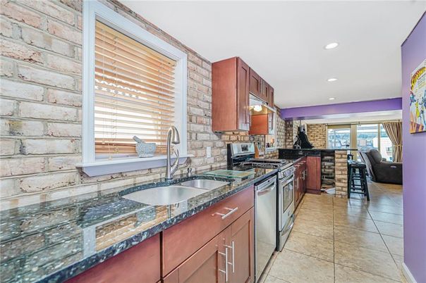 Interior, Kitchen, Recessed Lighting, Stone Walls