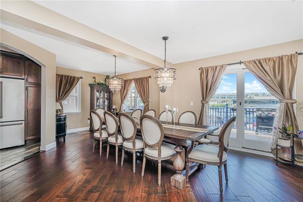 Chandelier, Dining room, Interior, Wood Texture Flooring