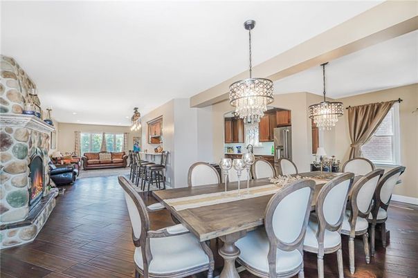 Chandelier, Dining room, Fireplace, Interior, Living room, Wood Texture Flooring