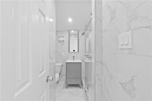 Bathroom, Glass Shower, Interior, Marble, Marble Walls, Recessed Lighting