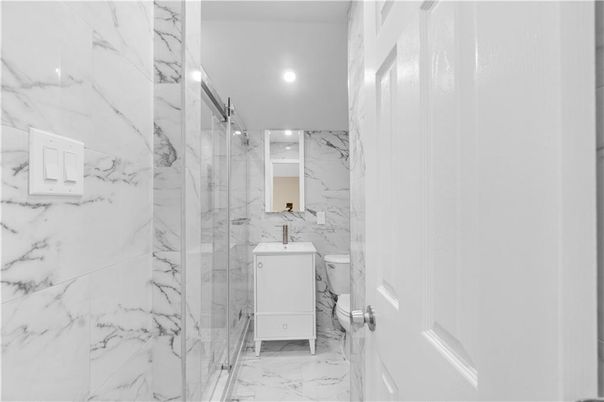 Bathroom, Glass Shower, Interior, Marble, Marble Walls, Recessed Lighting