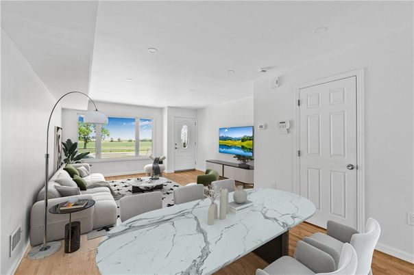 Dining room, Interior, Living room, Recessed Lighting, Wood Texture Flooring