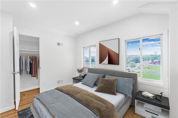 Bedroom, Interior, Recessed Lighting, Wood Texture Flooring