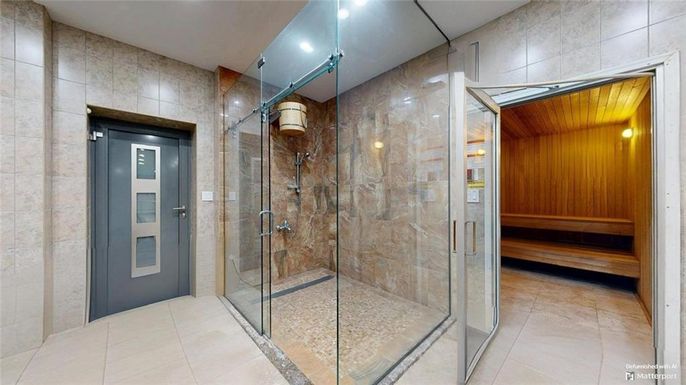Bathroom, Glass Shower, Interior, Recessed Lighting, Sauna Room