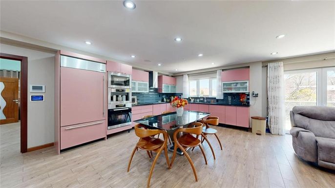Dining room, Interior, Kitchen, Recessed Lighting, Stainless Steel Appliances, Wood Texture Flooring
