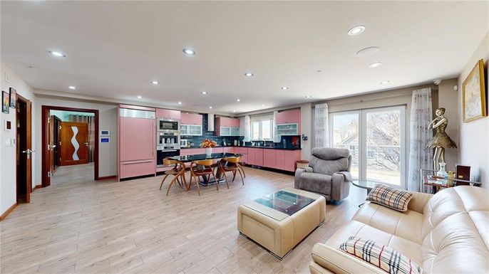 Dining room, Interior, Kitchen, Living room, Recessed Lighting, Stainless Steel Appliances, Wood Texture Flooring