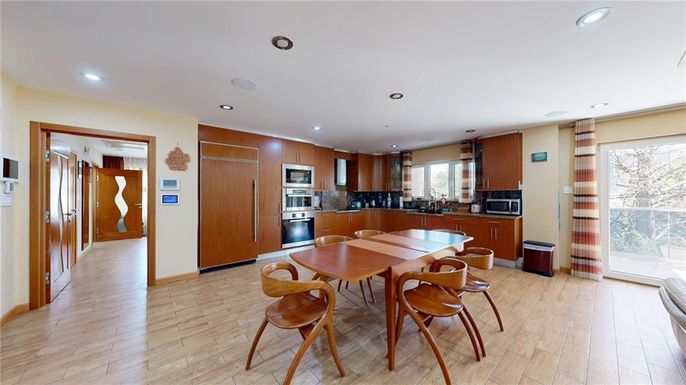 Dining room, Interior, Kitchen, Recessed Lighting, Stainless Steel Appliances, Wood Texture Flooring