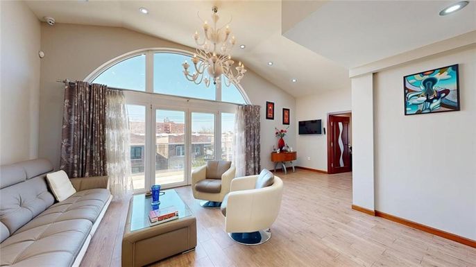 Chandelier, Interior, Living room, Recessed Lighting, Wood Texture Flooring