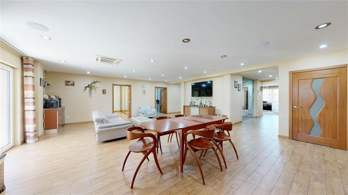 Dining room, Interior, Recessed Lighting, Wood Texture Flooring