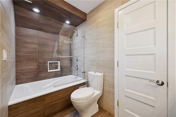 Bathroom, Glass Shower, Interior, Recessed Lighting, Wood Texture Flooring