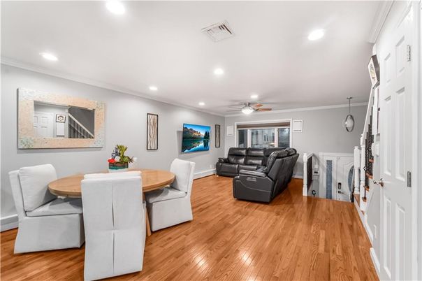 Dining room, Interior, Living room, Recessed Lighting, Wood Texture Flooring