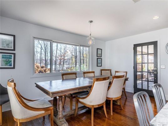 Dining room, Interior, Pendant Lights, Recessed Lighting, Wood Texture Flooring