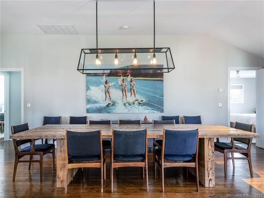 Dining room, Interior, Pendant Lights, Wood Texture Flooring