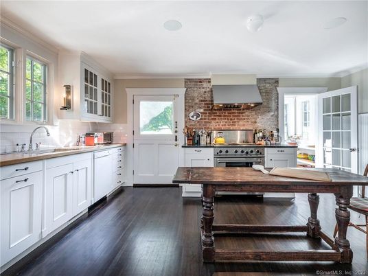 Interior, Kitchen, Stainless Steel Appliances, Stone Walls, Wood Texture Flooring