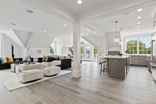 Chandelier, Dining room, Interior, Kitchen, Living room, Pendant Lights, Recessed Lighting, Wood Texture Flooring
