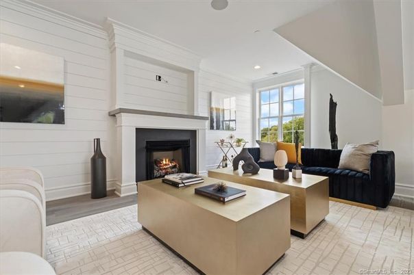 Fireplace, Interior, Living room, Recessed Lighting, Wood Texture Flooring