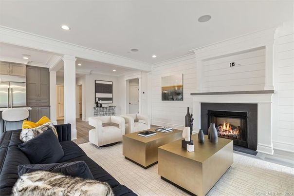 Fireplace, Interior, Kitchen, Living room, Recessed Lighting, Wood Texture Flooring
