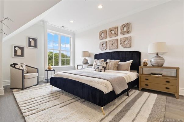 Bedroom, Interior, Recessed Lighting, Wood Texture Flooring