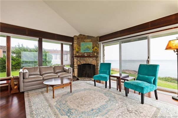 Fireplace, Interior, Living room, Stone Walls, Water, Wood Texture Flooring