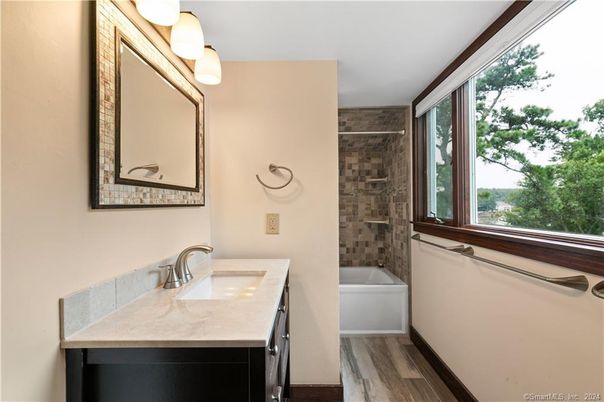 Bathroom, Glass Shower, Interior, Wood Texture Flooring