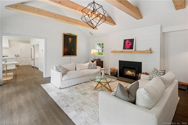 Fireplace, Interior, Living room, Pendant Lights, Wooden Beams, Wood Texture Flooring