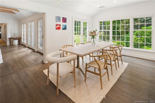 Dining room, Interior, Recessed Lighting, Wooden Beams, Wood Texture Flooring