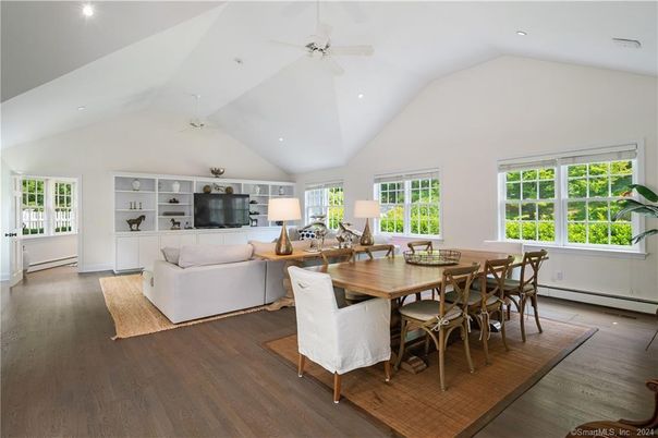 Dining room, Interior, Living room, Recessed Lighting, Wood Texture Flooring