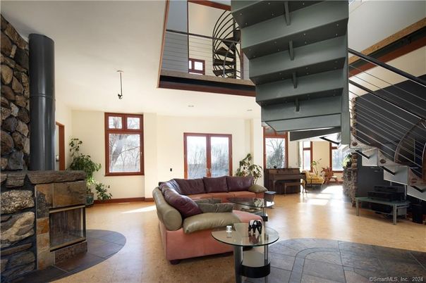Fireplace, Interior, Living room, Piano, Recessed Lighting, Stone Walls